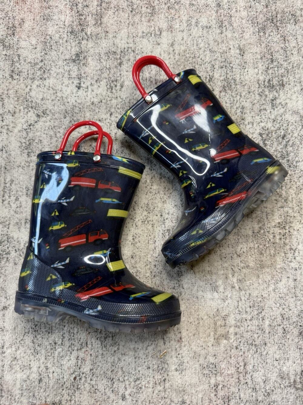 Kids Light-Up Rain Boots Boys Girls Waterproof Printed Wellies w/ Handles